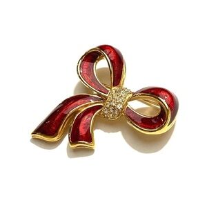 MONET Bow Brooch Pin Christmas Red Enamel Rhinestones Gold Tone
